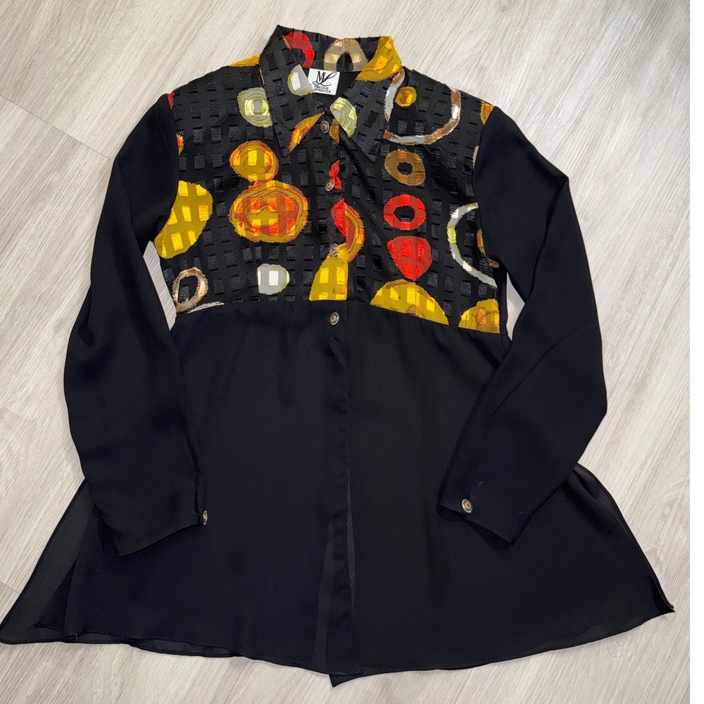 Maggie Lawrence Mixed Media Burnout Velvet Abstract Button Up Blouse Black S